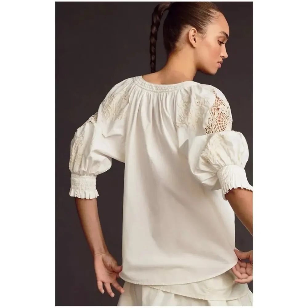 Anthropologie Women’s Sz S Ivory Crochet Blouse Short Puff Sleeve Pullover