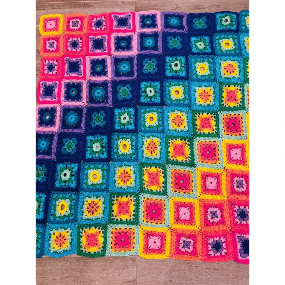 Handmade Crochet Granny Square Throw Blanket Rainbow Ombre Afghan 48x52 Boho