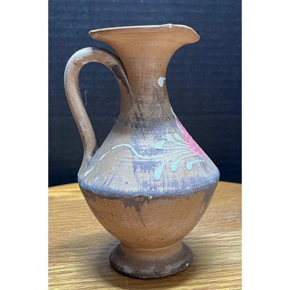 Handmade Hand-Painted Redware Pottery Pitcher Folk Art Vintage Rustic Farmhouse
