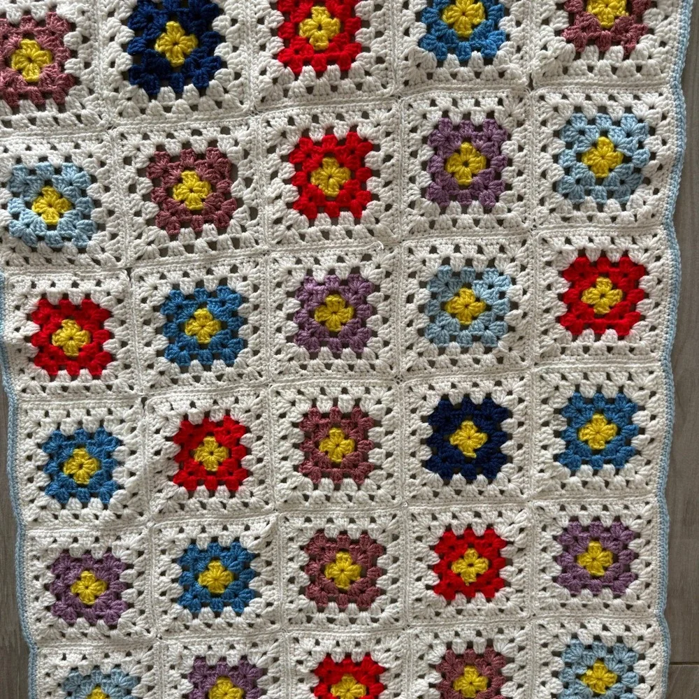 Handmade Crochet Granny Square Baby Blanket MultiColor White 24x36 Nursery Throw