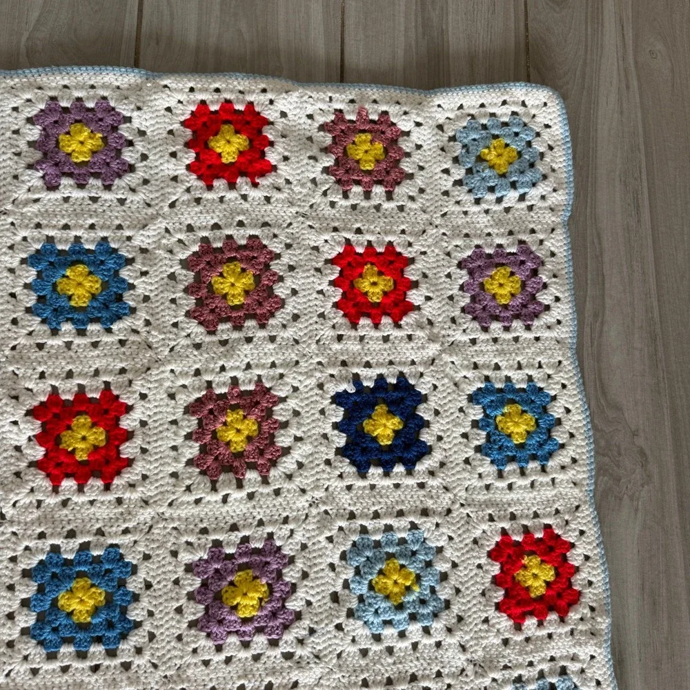 Handmade Crochet Granny Square Baby Blanket MultiColor White 24x36 Nursery Throw