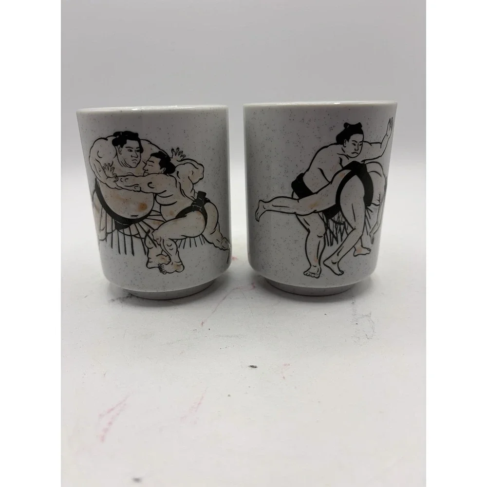 Vintage Sumo Wrestler Japanese Tea Cups Set Konishiki Wakanohana 4