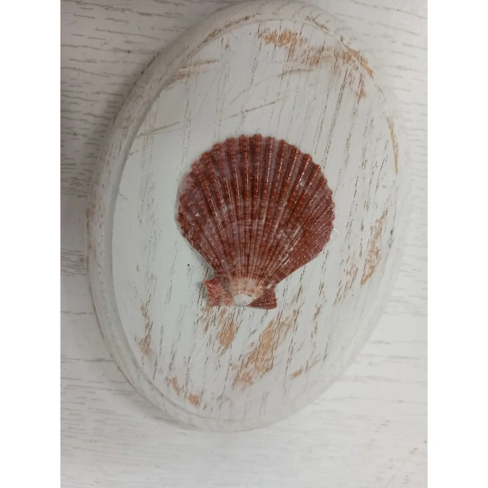 Vintage Handmade Wood Sea Shell Oval Wall Art Plaque Set Coastal Beach Decor