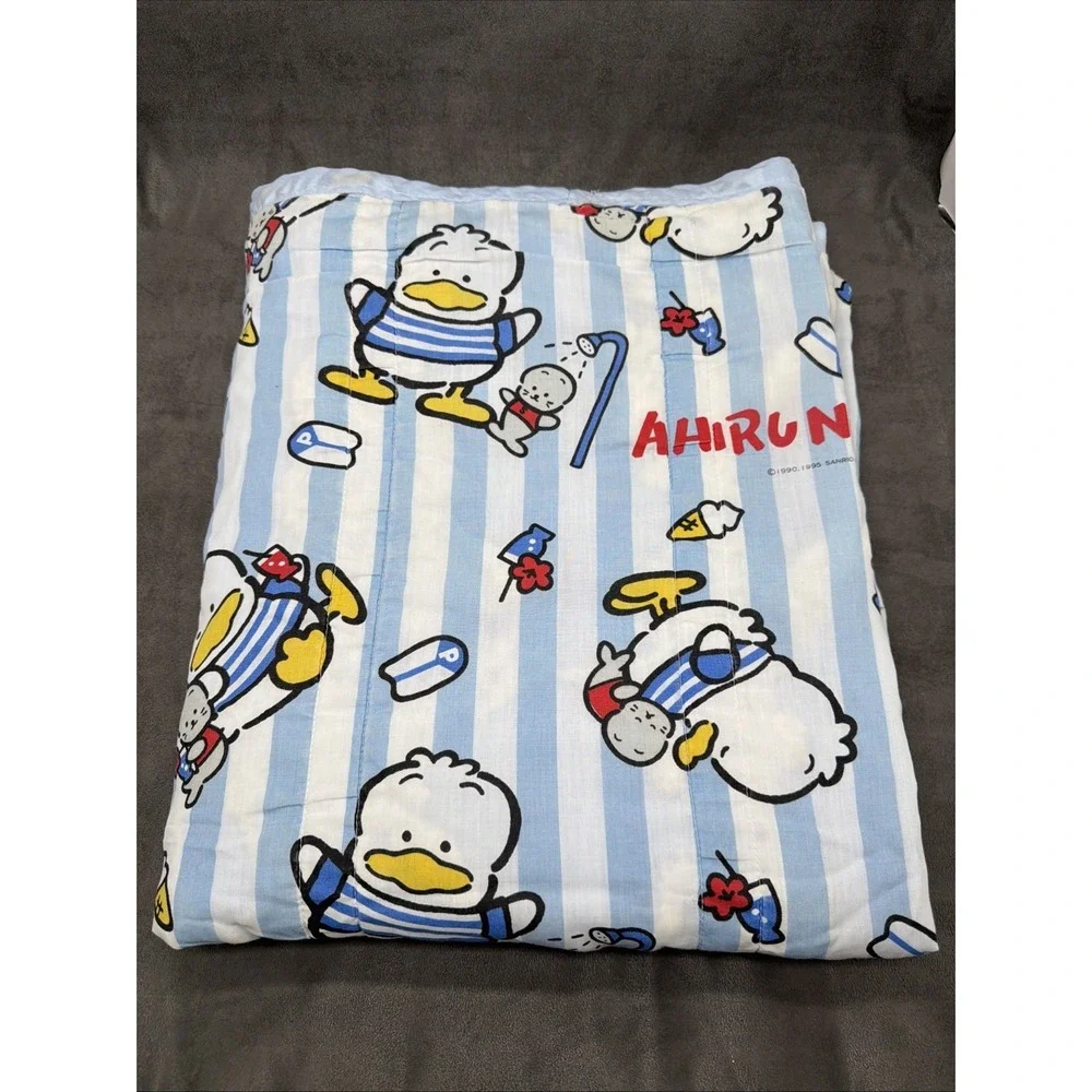 Vintage 1995 Sanrio Ahiru no Pekkle Blue Striped Handmade Quilt Blanket