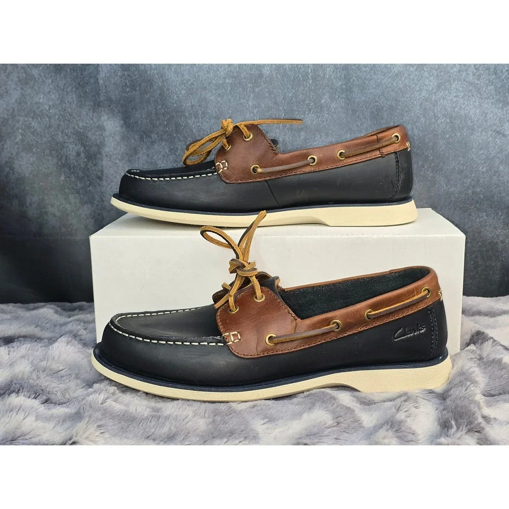 NWT Clarks Port View Boat Shoes Navy Brown Leather Nautical Mens 7.5 M