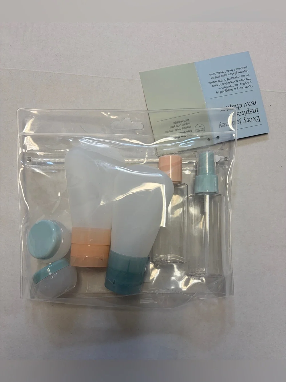 Open Story 7-Piece TSA Approved Travel Toiletry Bottle Set w/ Clear Zip Bag New