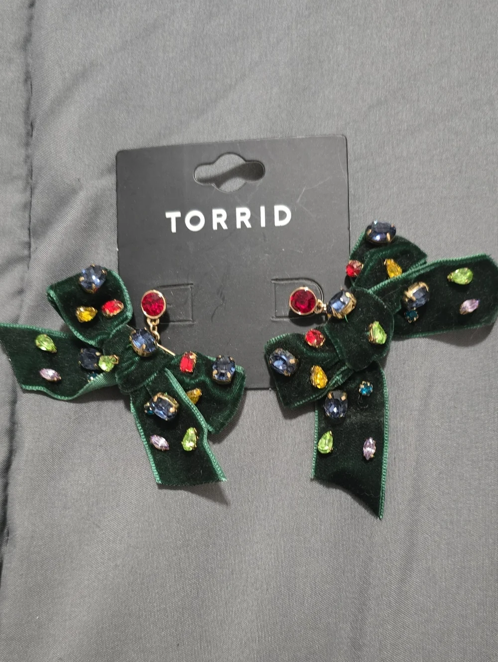 torrid Dark Green Velvet Bow Earrings with Multicolored Gemstones