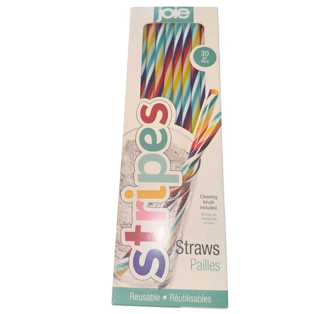 Joie Stripes Straws, 30 Pc Rainbow, Reusable & Eco-Friendly With Cleaning Brush