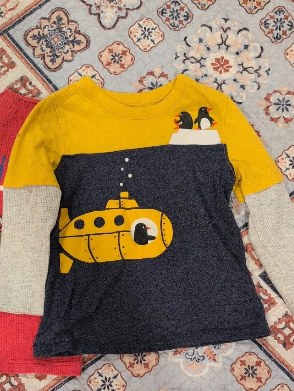 Two Long Sleeve 2T Boy Shirts.  Red Thermal Pullover with Blue Graphic Old Navy