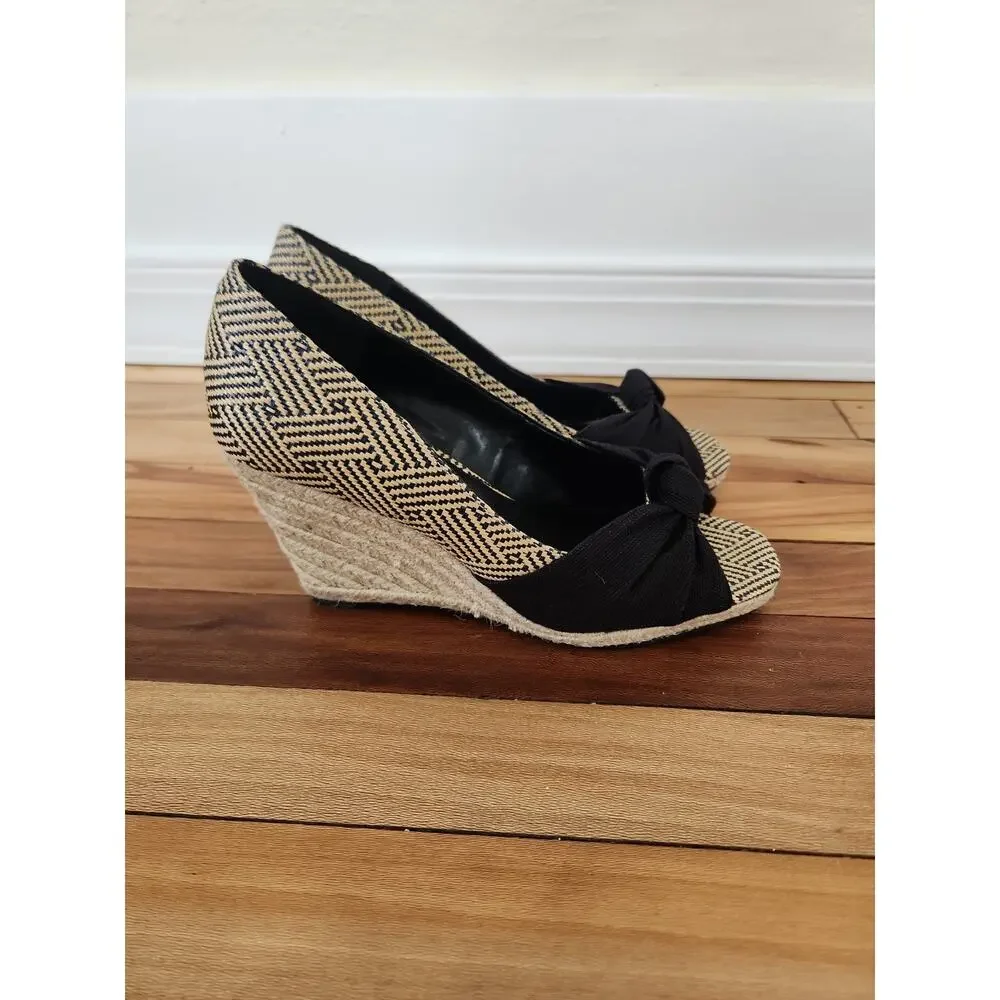 Kelly & Katie Bow Peep Toe Wedge Sandals Fabric Women's Heels 8.5 Espadrille