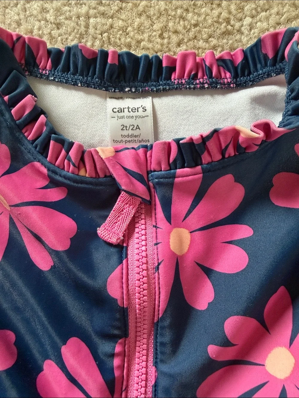Carter’s 2T Girls Navy Floral Long-Sleeve One-Piece Swimsuit with Pink Flowers