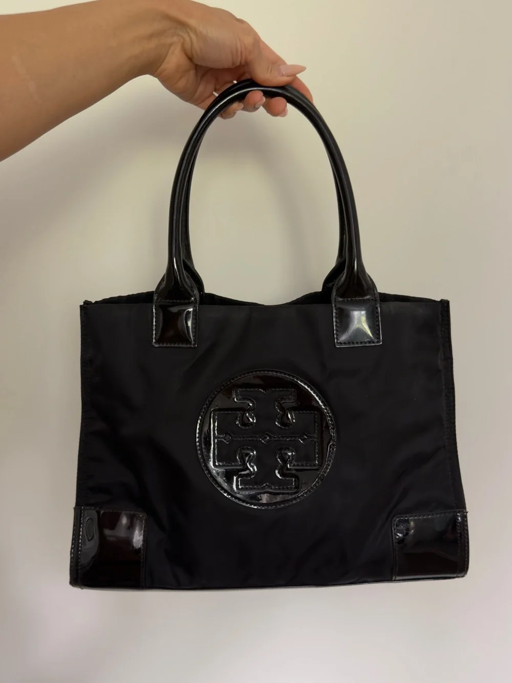 Tory Burch Black Nylon Tote with Patent Logo Accent