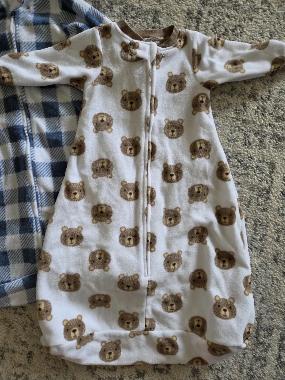 Fleece Baby Sleep Sack Pajamas - Blue Plaid & Brown Bear Prints 0-9 Months
