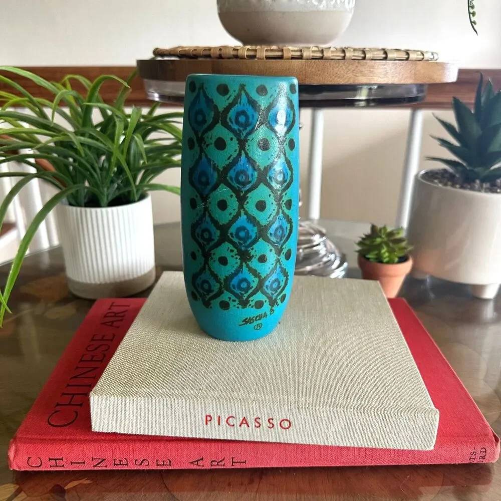 Vintage MCM Sasha Brastoff Turquoise Blue Art Pottery Bud Vase Peacock Design