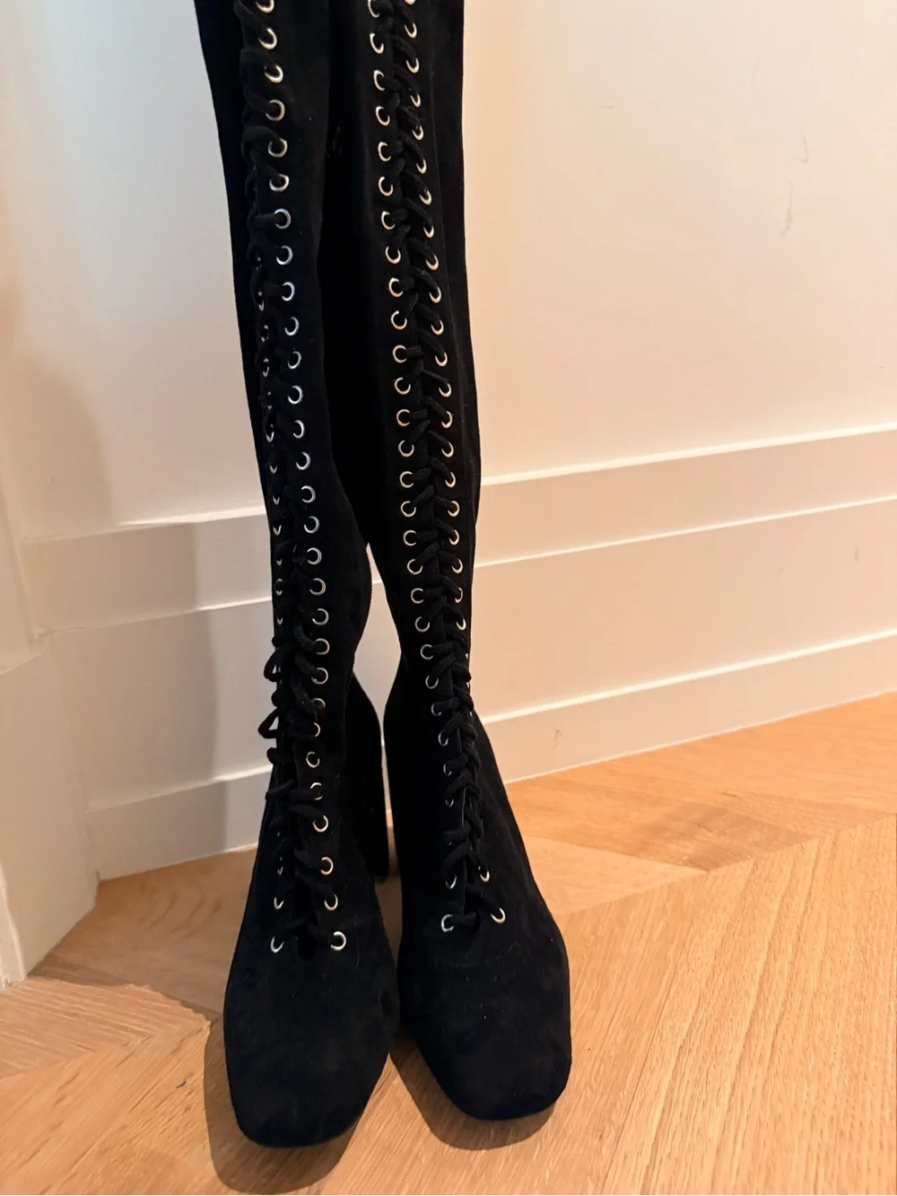 Jeffery Campbell Black Over-the-Knee Lace-Up Block Heel Boots