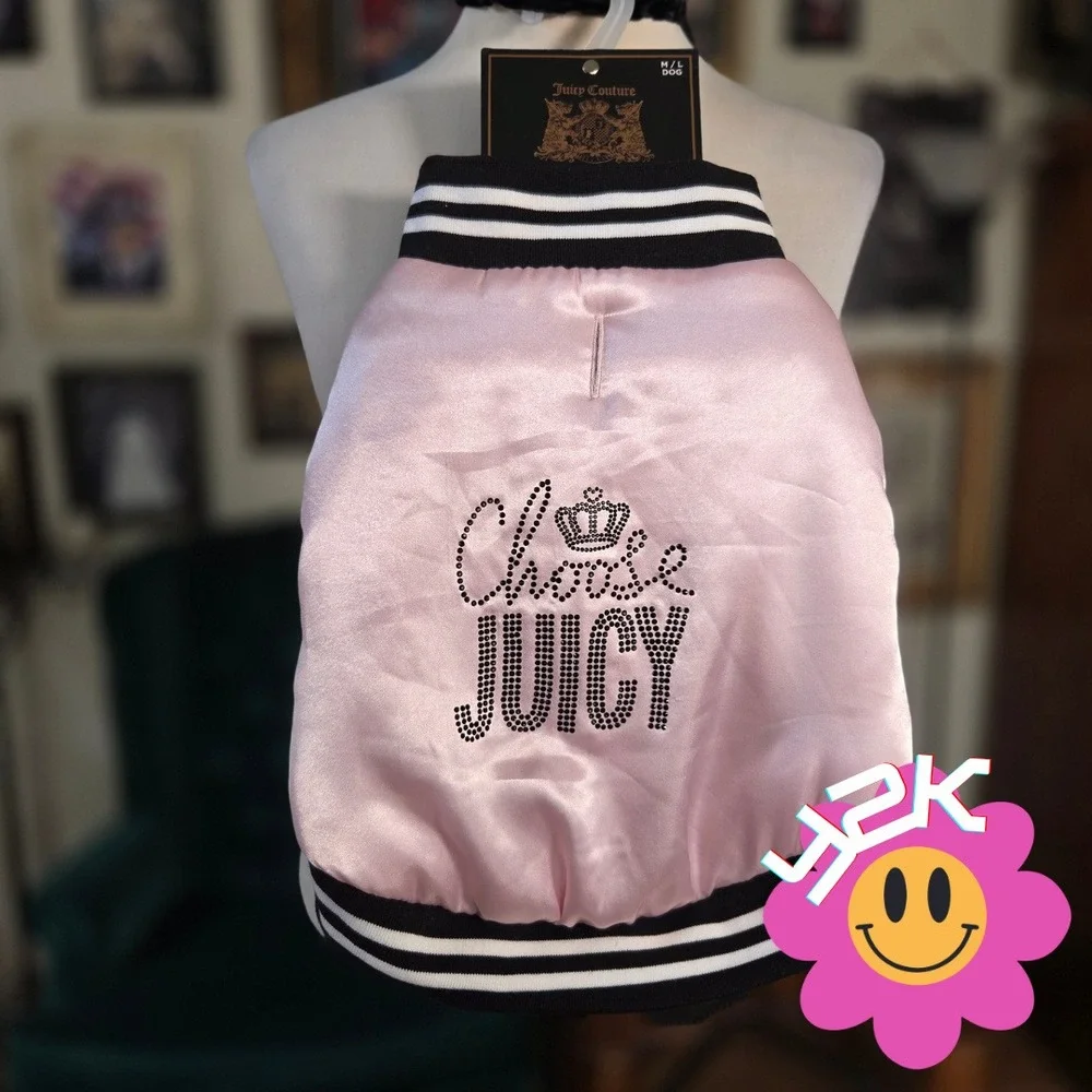 Juicy Couture Dog Bomber Jacket Pink Satin Rhinestone Choose Juicy Vest M/L NEW