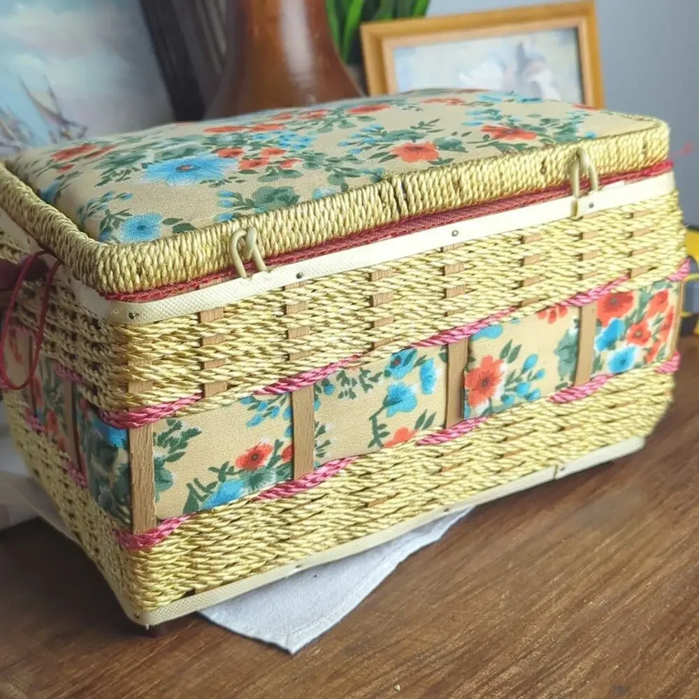 Vintage Wicker Sewing Basket Storage Box Floral | Granny Chic Cottagecore