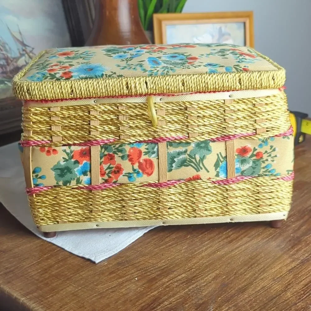 Vintage Wicker Sewing Basket Storage Box Floral | Granny Chic Cottagecore