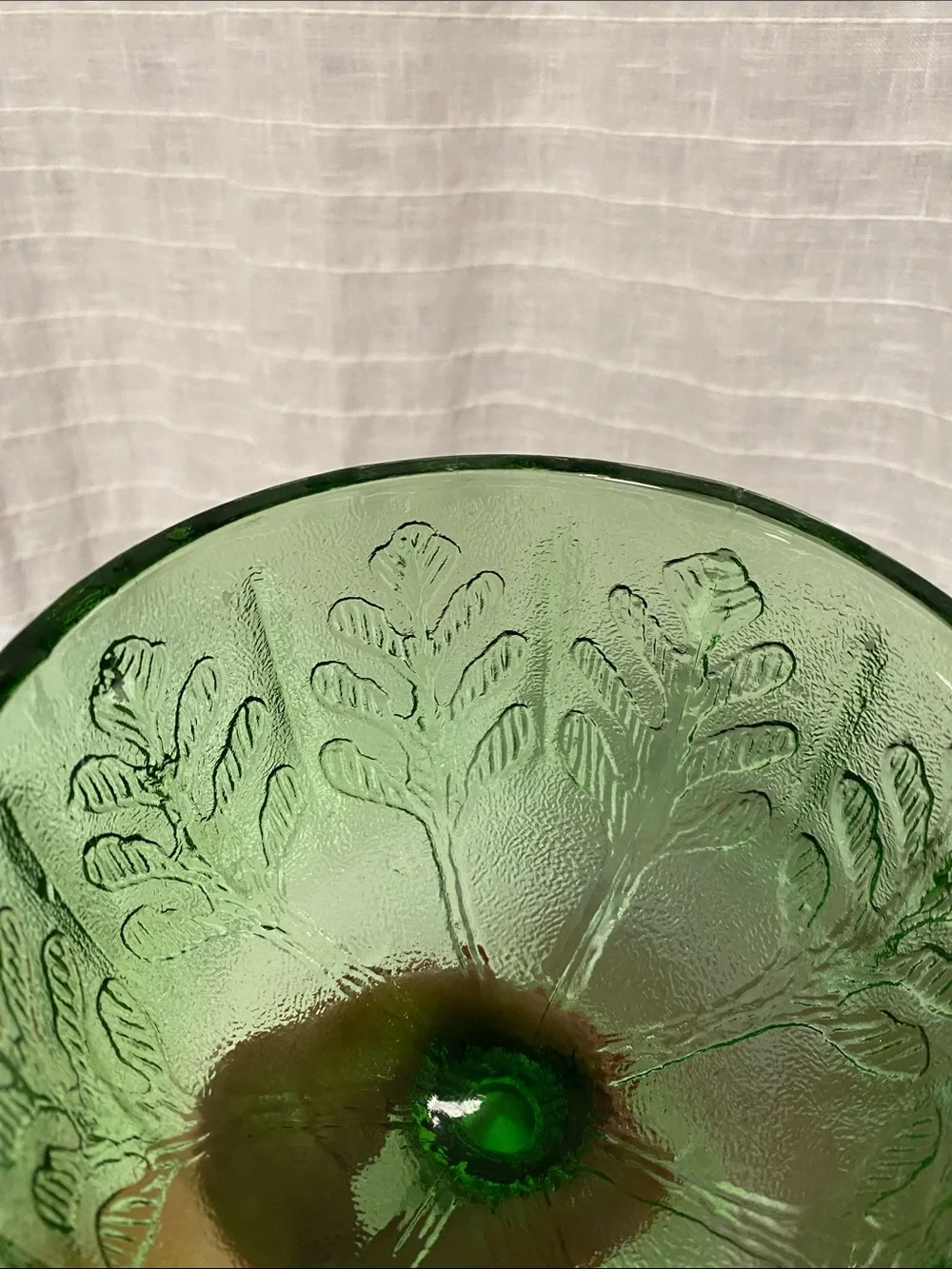 Vintage collectable FTDFloral oak leaf Green Pressed Glass Pedestal Bowl