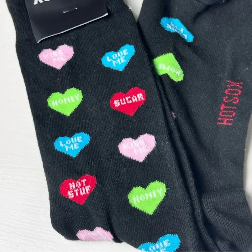 Hot Sox  Women's Black Socks with Colorful Heart Motifs New With Tag