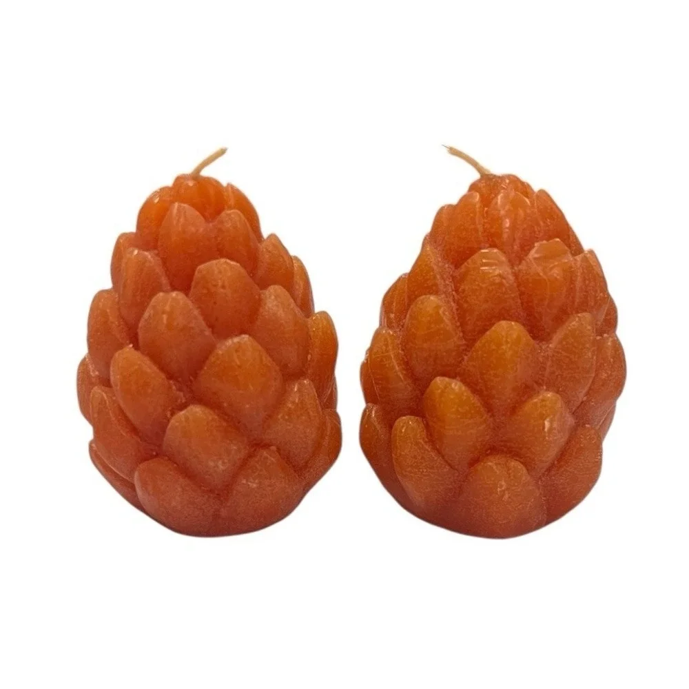 2 Pine Cone‎ Shaped Candles Orange Vtg UNUSED 2.5 inch