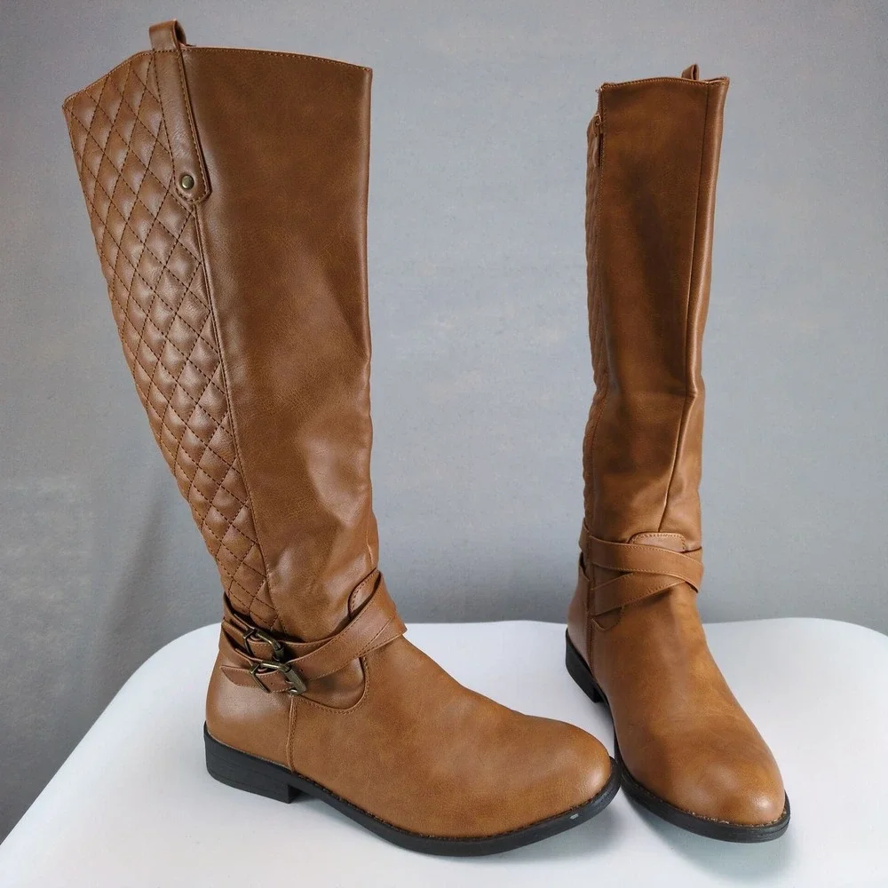Vepose Camel Quilted Riding Boots Womens 8 Knee-High Side Zip Buckle Low Heel