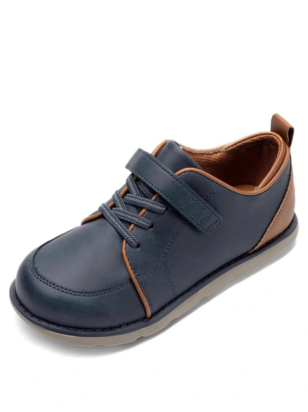 Dream Pairs Navy and Brown Kids Dress Shoe with Hook-and-Loop Strap