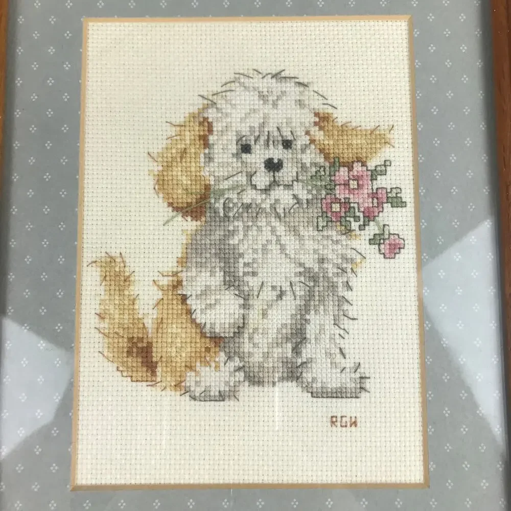 Vintage Shaggy Puppy Dog Flowers Framed Cross Stitch Embroidered Folksy Wall Art