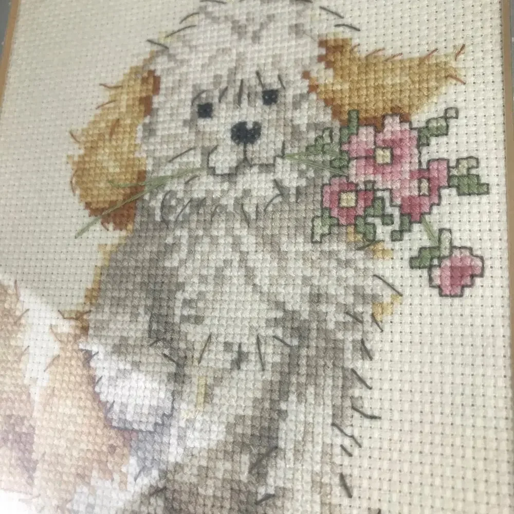 Vintage Shaggy Puppy Dog Flowers Framed Cross Stitch Embroidered Folksy Wall Art