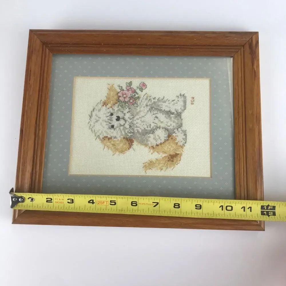 Vintage Shaggy Puppy Dog Flowers Framed Cross Stitch Embroidered Folksy Wall Art