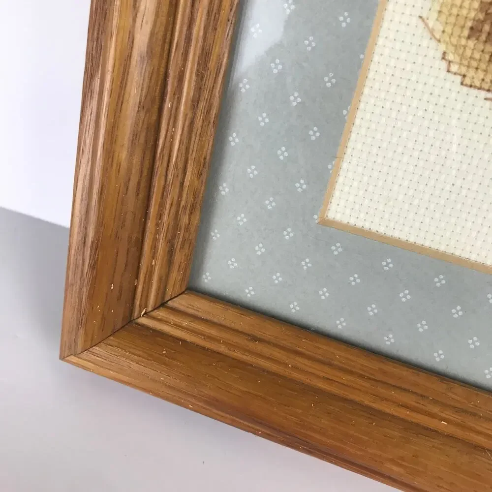 Vintage Shaggy Puppy Dog Flowers Framed Cross Stitch Embroidered Folksy Wall Art