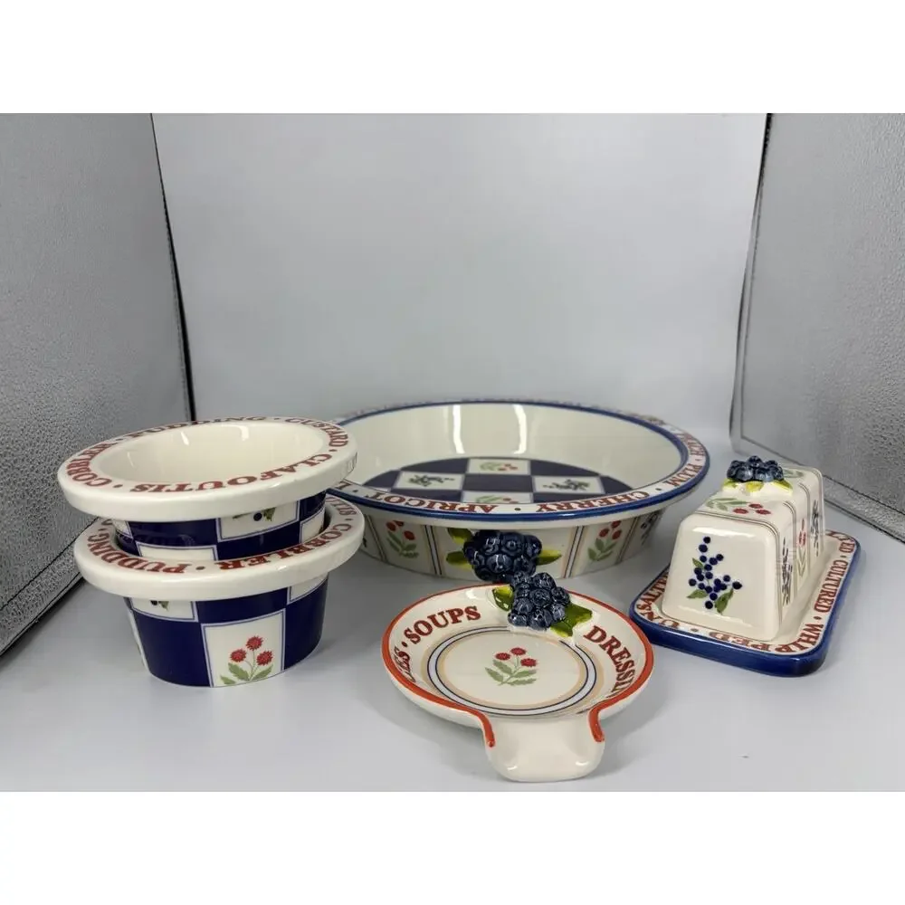 Anthropologie Lou Rota Stoneware Pie Dish Remikens Butter Dish Spoon Rest Set