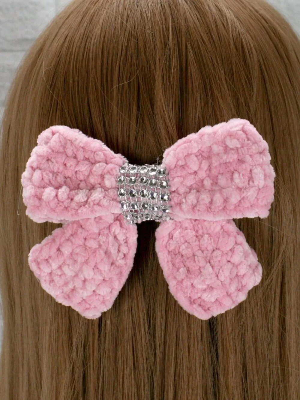 HAND CRAFTED Hair Bow Kids Crochet Chenille Velvet Hair Barrette Oversized Pink