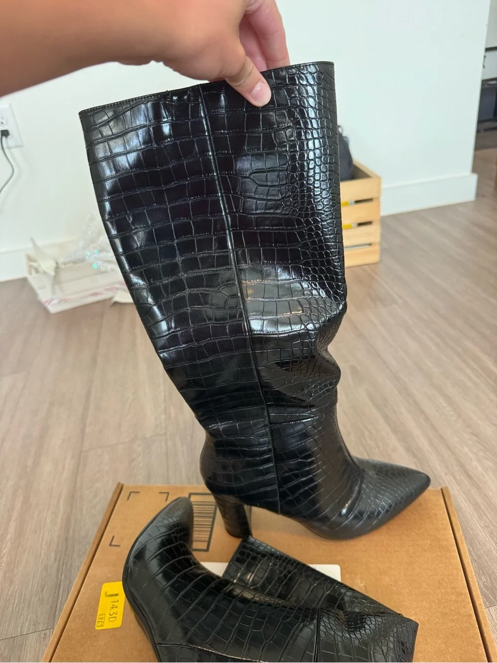 GOGO Black Faux Crocodile Over-the-Knee Pointed Toe Boots