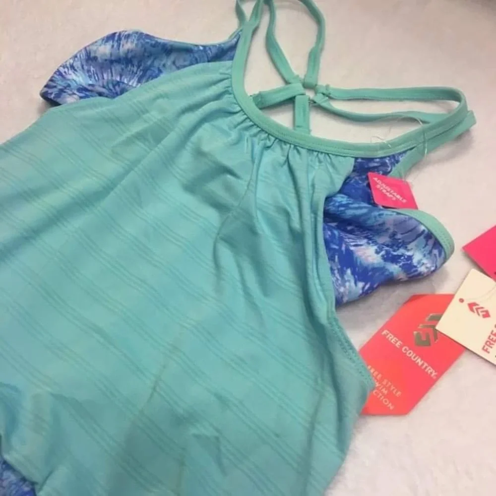 Free Country Tankini Swimsuit Girls Size 4 Teal Blue NWT Tie Dye 2-Piece Set