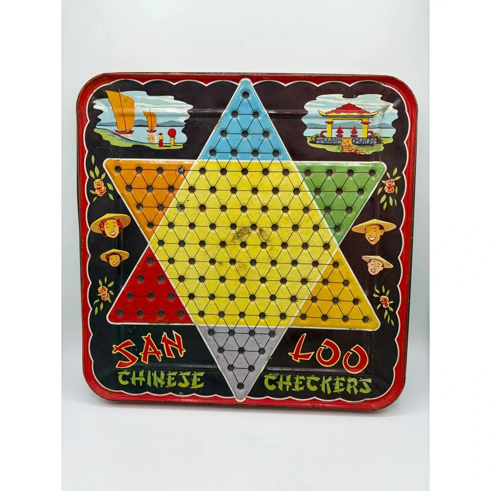 Vintage San Loo Chinese Checkers Tin Metal Game Board Litho Mid Century Decor