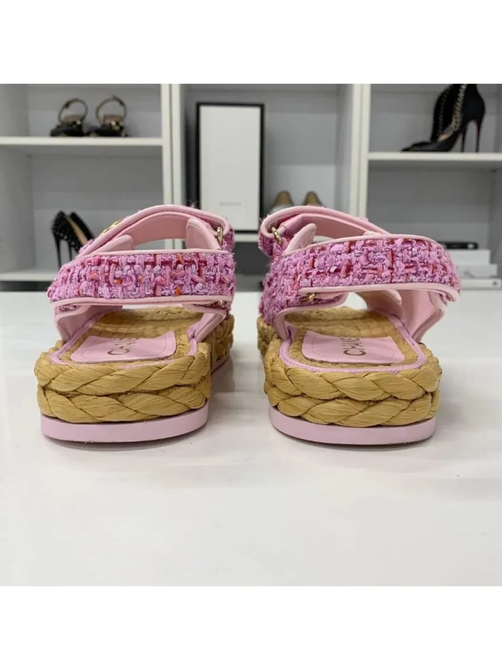 Chanel Tweed Patent CC Logo Velcro Sandals Pink