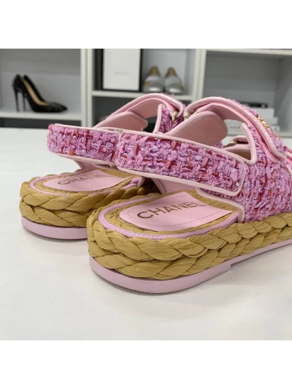 Chanel Tweed Patent CC Logo Velcro Sandals Pink