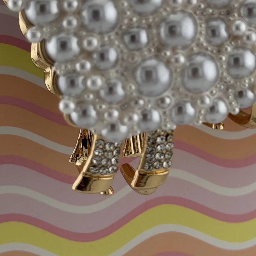 Piper K Sheep Hair Claw Clip Gold Tone Silver Rhinestones Faux Pearl