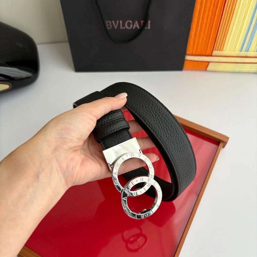 Bulgari Black Leather Belt with Silver Double Circle Buckle