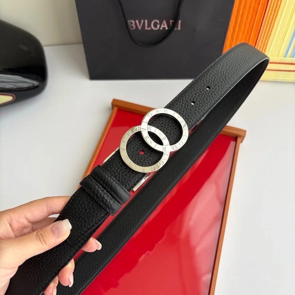 Bulgari Black Leather Belt with Silver Double Circle Buckle