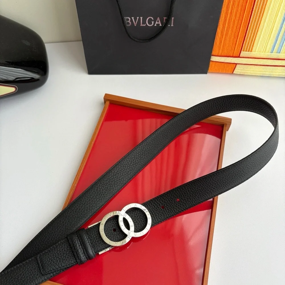 Bulgari Black Leather Belt with Silver Double Circle Buckle