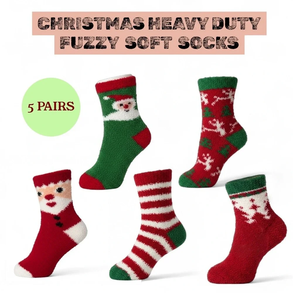 Christmas Heavy Fuzzy Soft Warm Novelty Socks 5pk Reindeer Santa 7-11 NEW‎