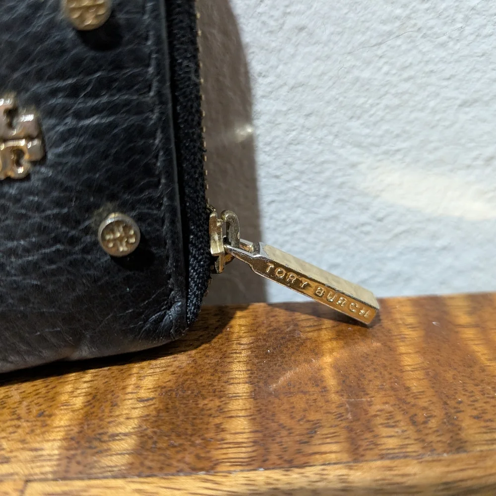 RARE Tory Burch rare black leather with‎ gold logos & studs wallet