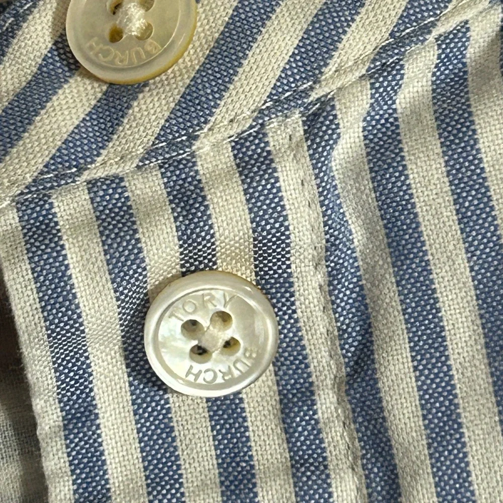 Tory Burch M Long Sleeve Blouse‎ Striped Cotton Blend Mandarin Collar Blue White