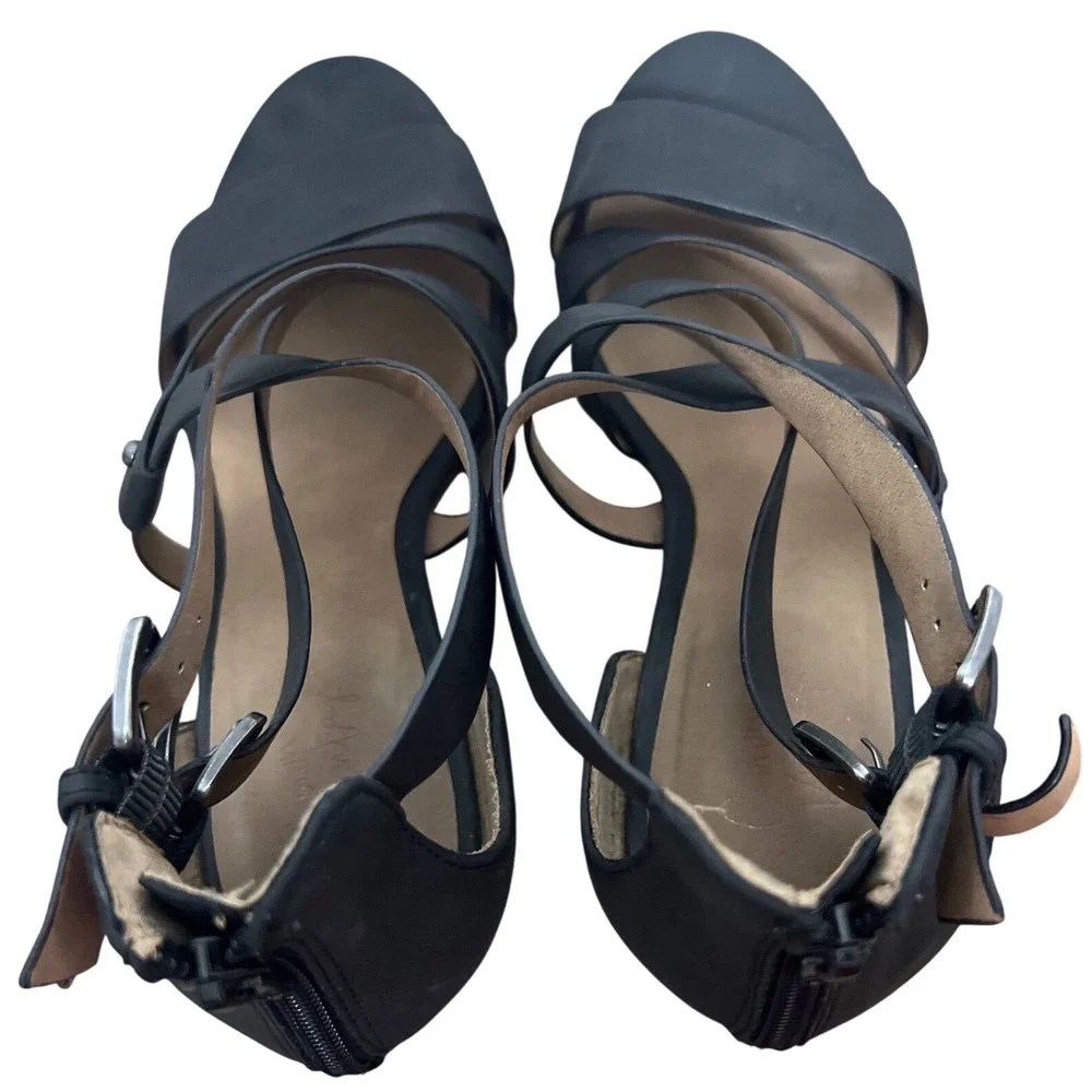 Crown Vintage Womens Black Strappy Wedge Sandals Back Zip 8.5M Gladiator Office‎
