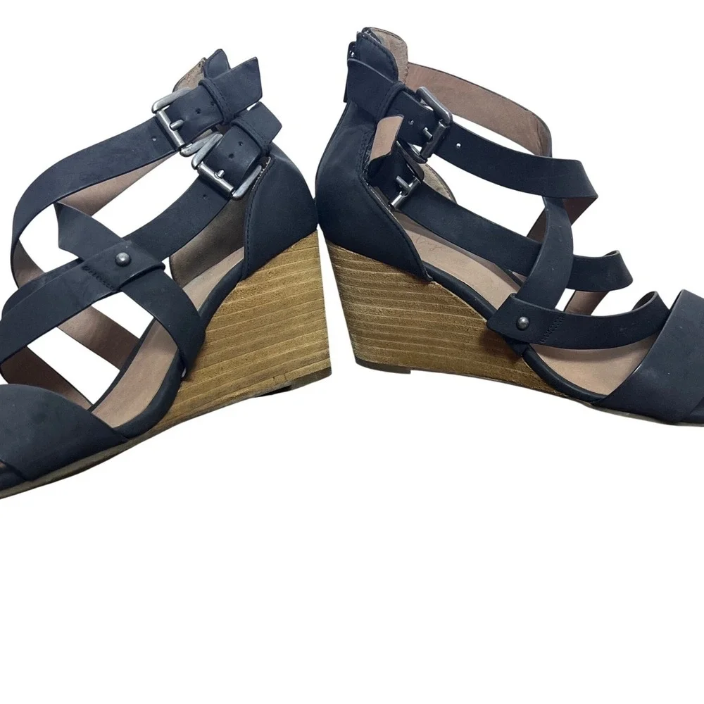 Crown Vintage Womens Black Strappy Wedge Sandals Back Zip 8.5M Gladiator Office‎