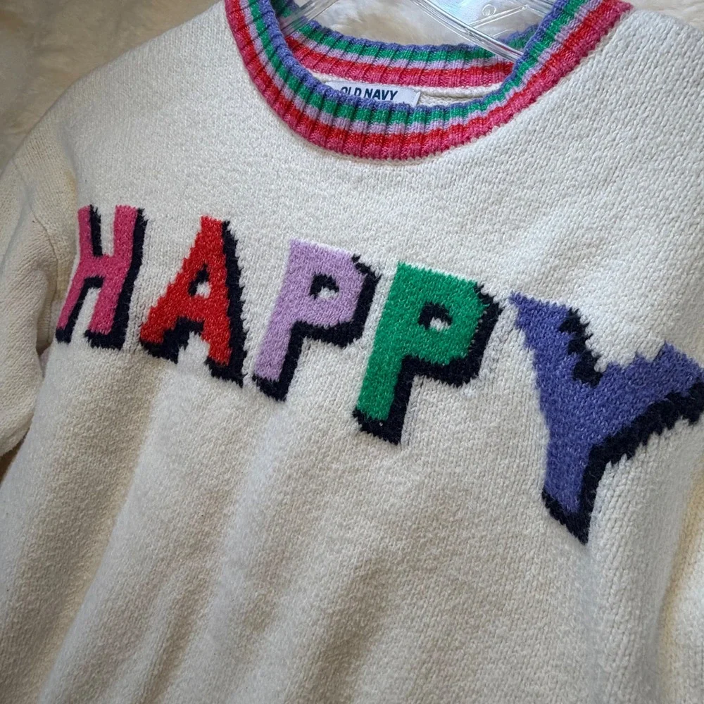 Old Navy Girls Happy‎  Knit Sweater Rainbow Striped Trim Cream White Crewneck