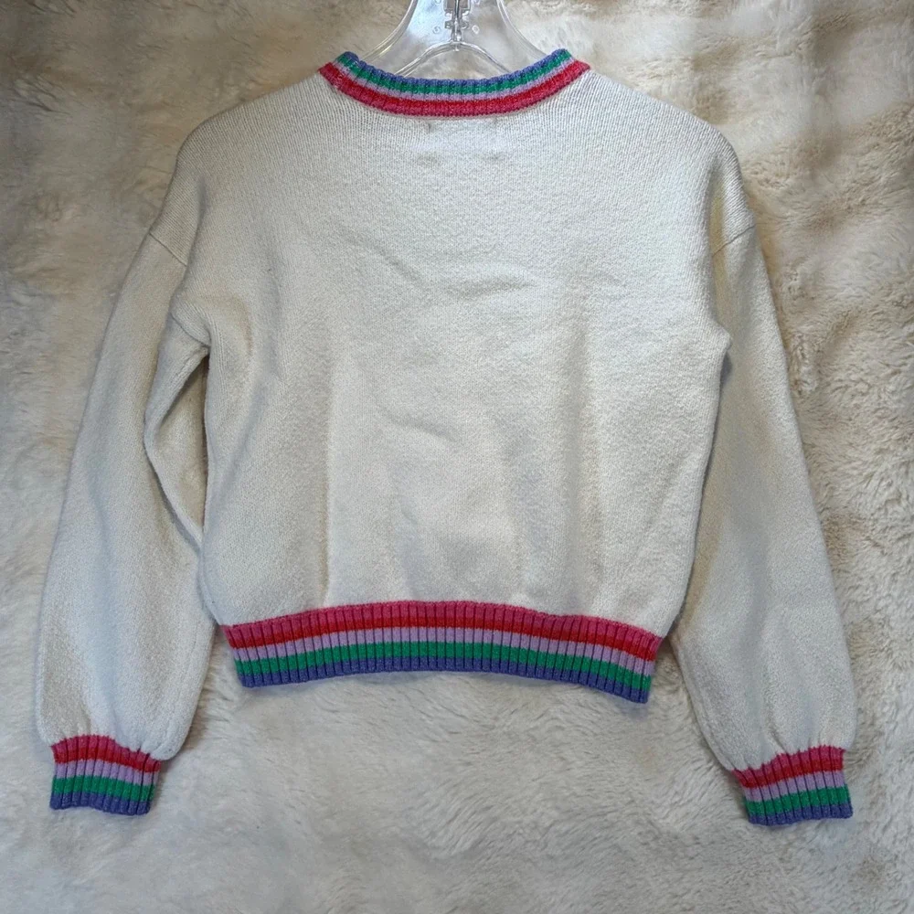 Old Navy Girls Happy‎  Knit Sweater Rainbow Striped Trim Cream White Crewneck