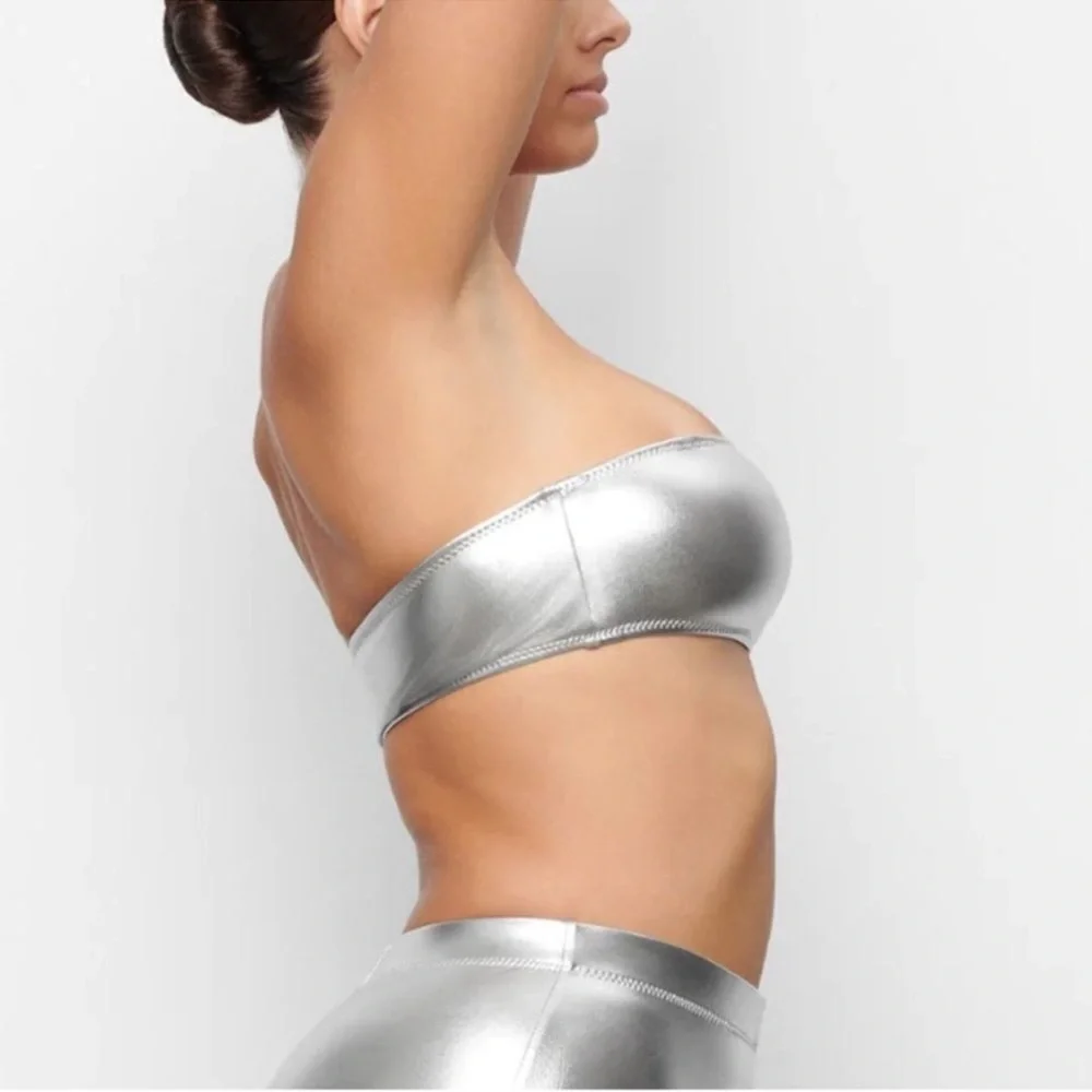 SKIMS (B10) Bandeau Metallic Swim Bikini Top In Nickel Silver Top 4X